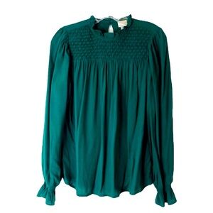 249. A New Day green pleated cottagecore prairie dot ruffle top